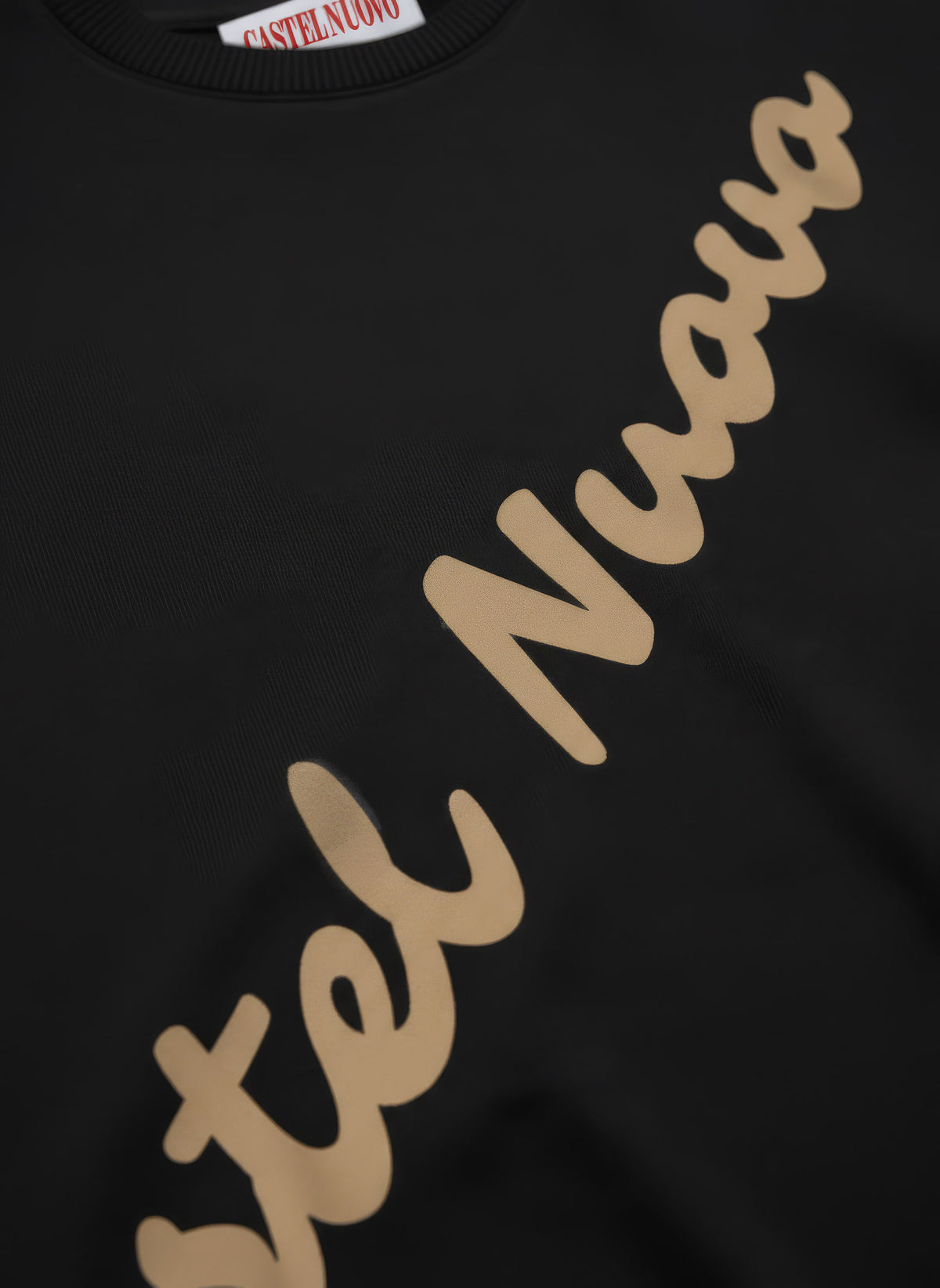 Diagonal Script Crewneck in black, print detail