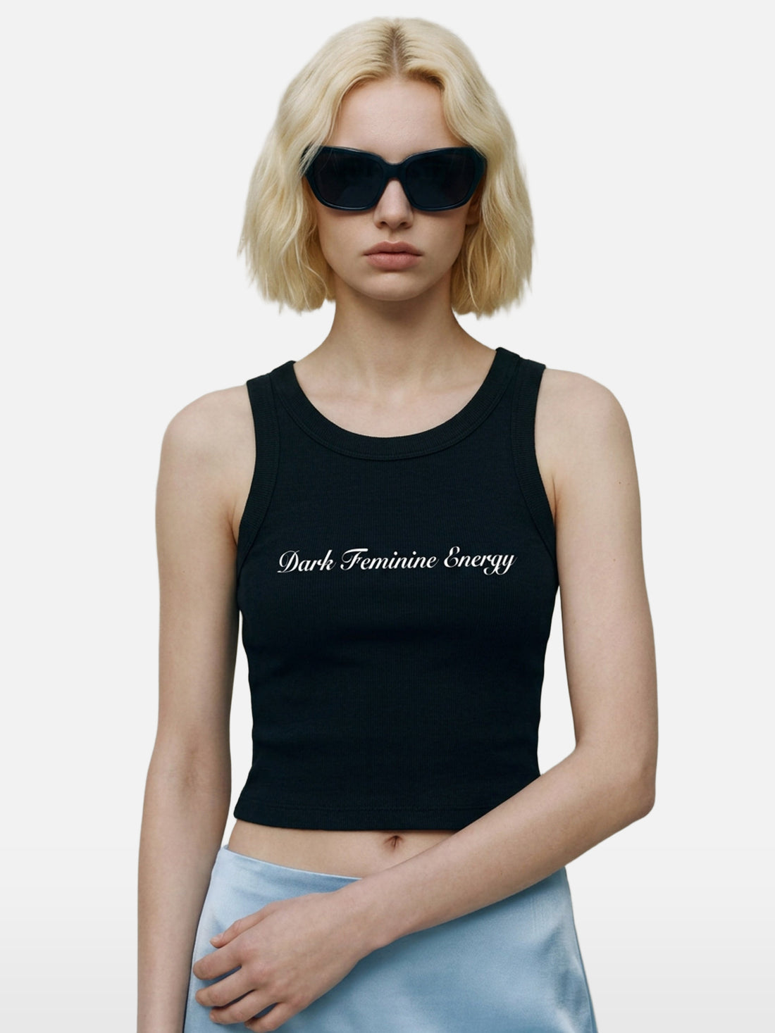 Dark Feminine Energy Tank in black, women's cut