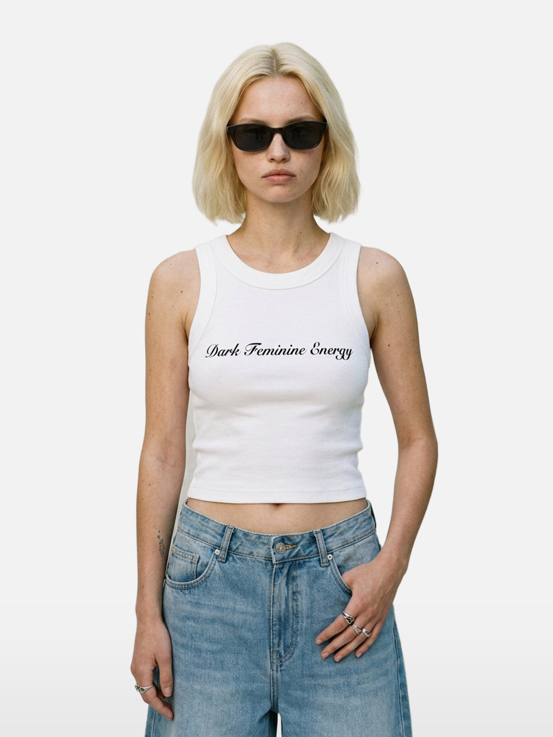 Dark Feminine Energy Tank in white, women's cut