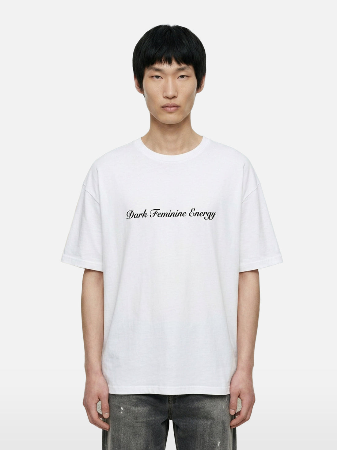 Dark Feminine Energy Tee in white, men's cut