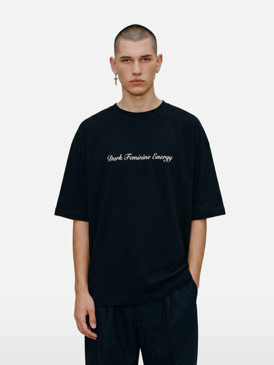 Dark Feminine Energy Tee in black, men's cut