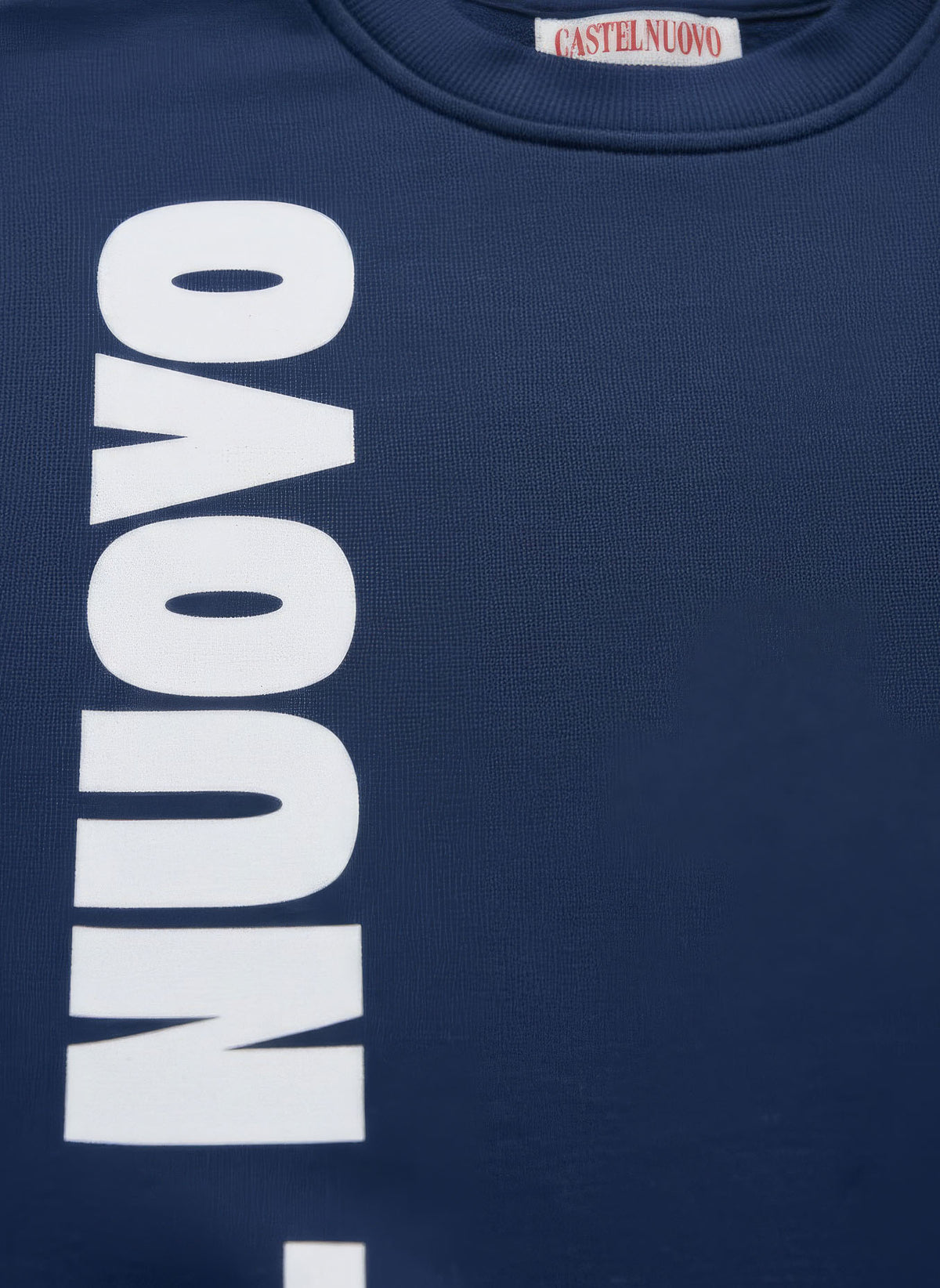 Pillar Crewneck in cobalt, print detail