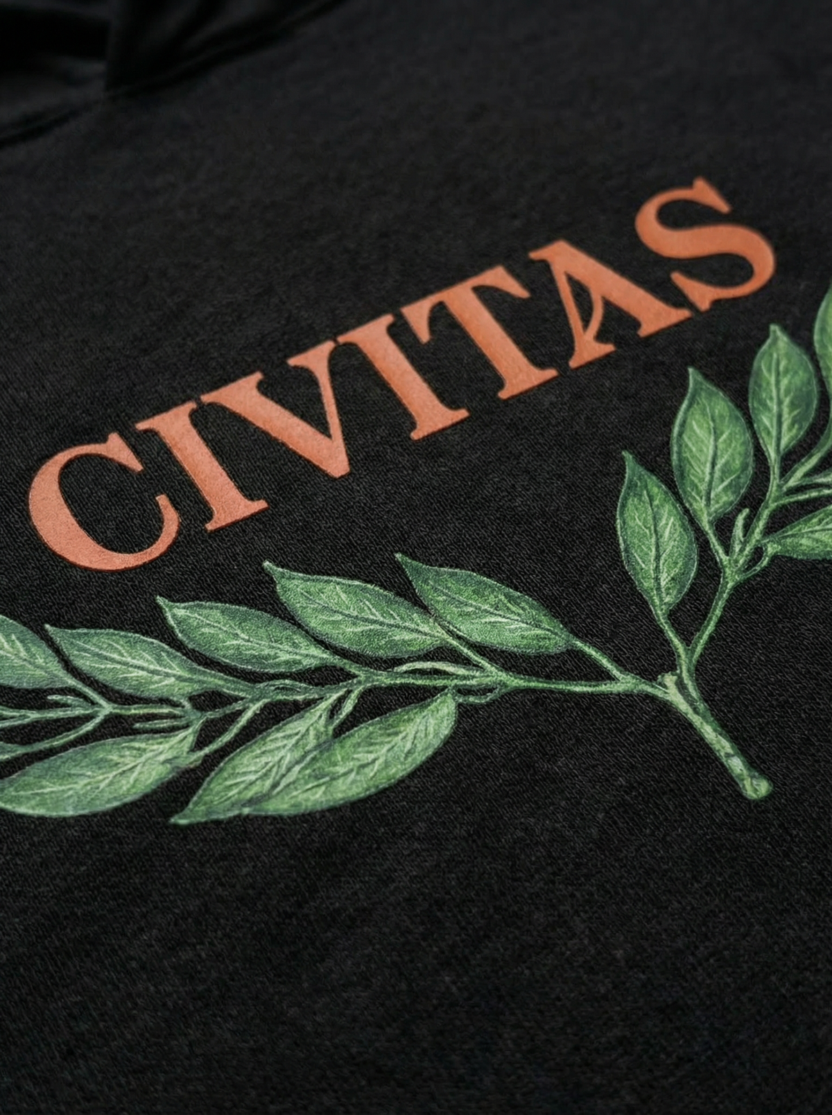 Civitas Hoodie in black, print detail