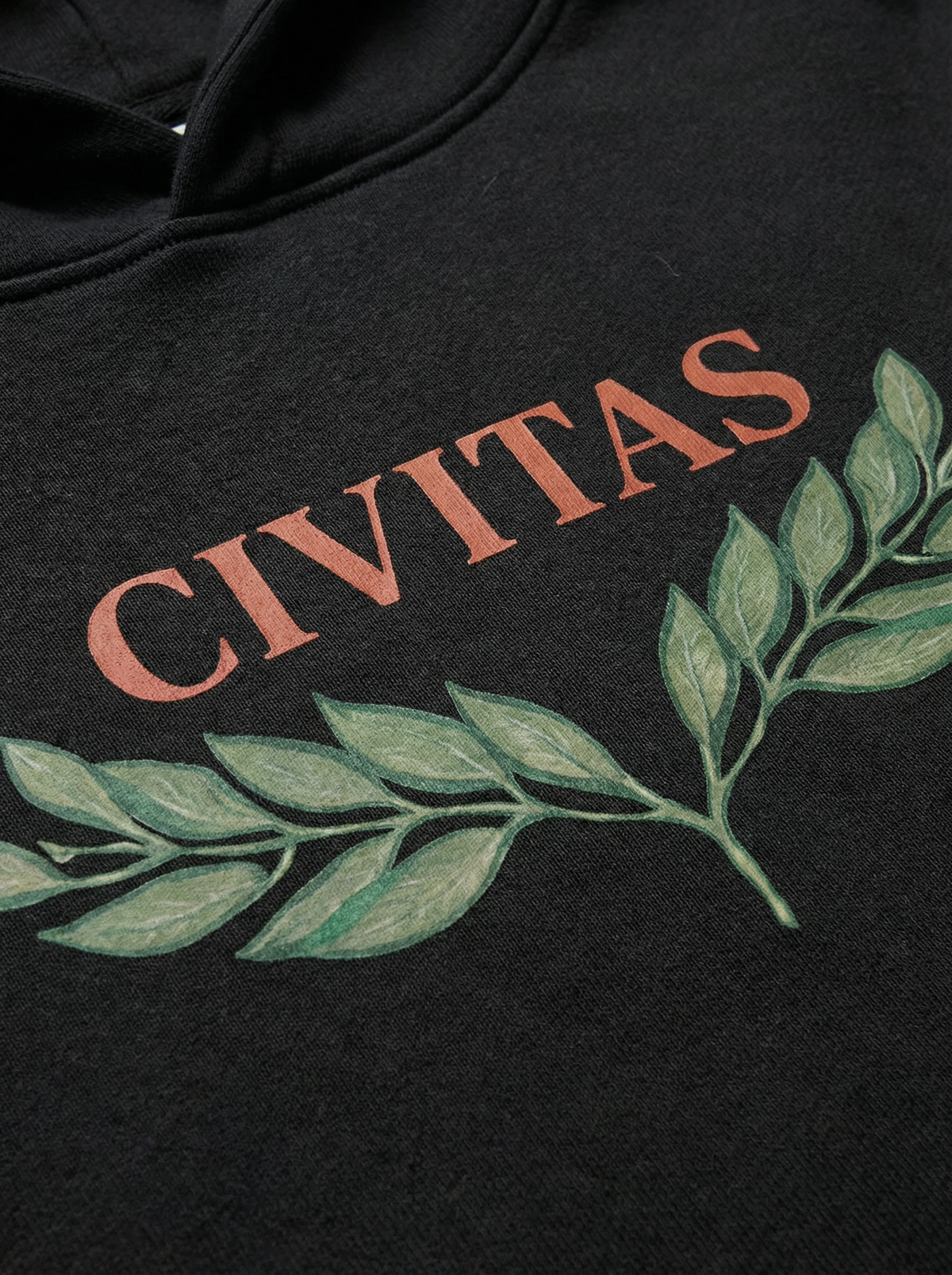Civitas Hoodie in black, print detail