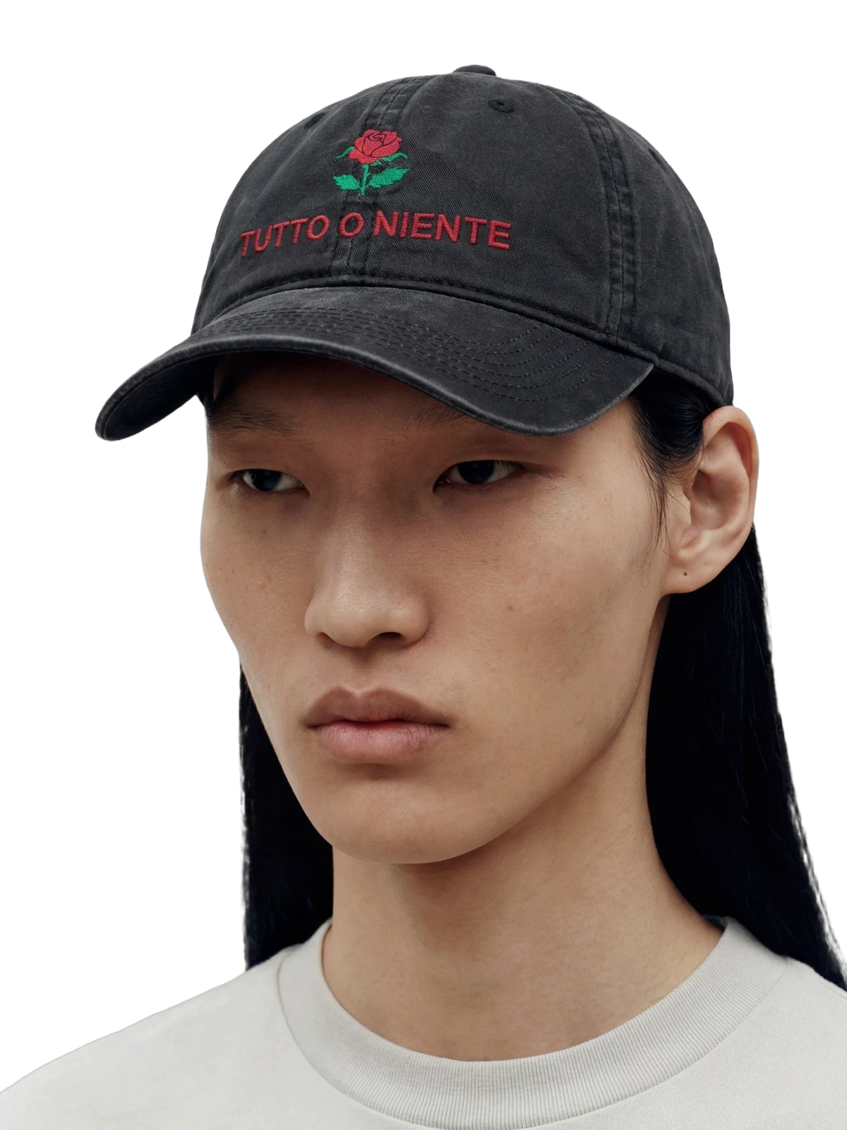 All Or Nothing Cap in faded black, embroidery detail