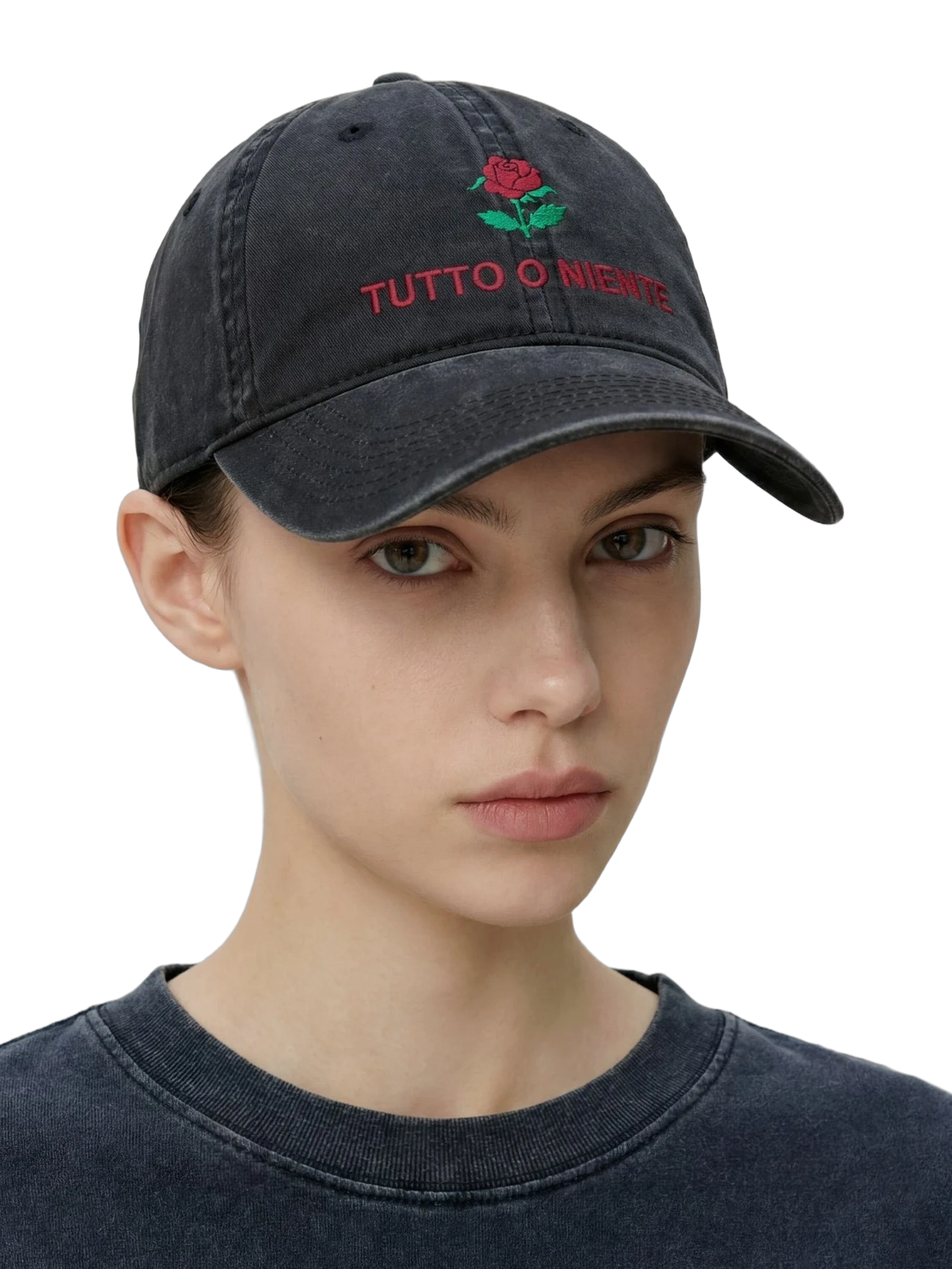All Or Nothing Cap in faded black, embroidery detail