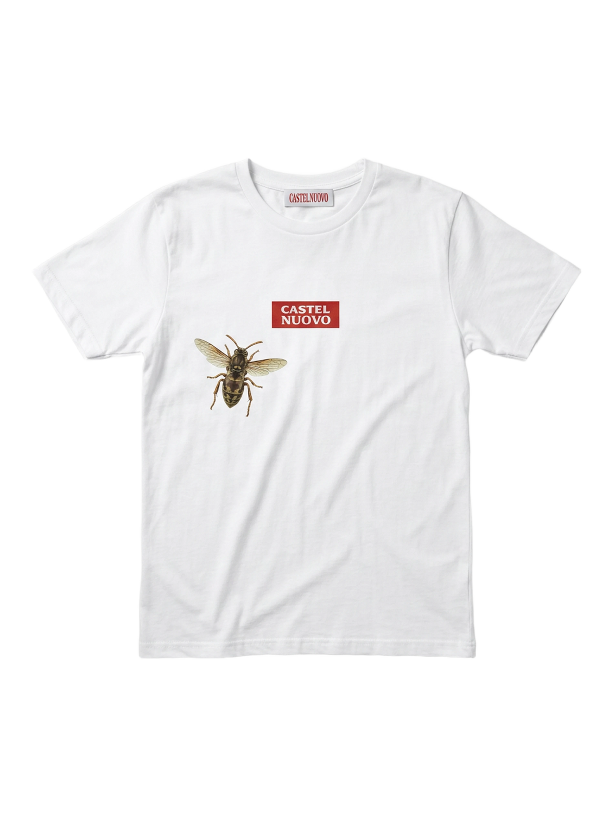 Apis Tee in white, men's cut, flat lay