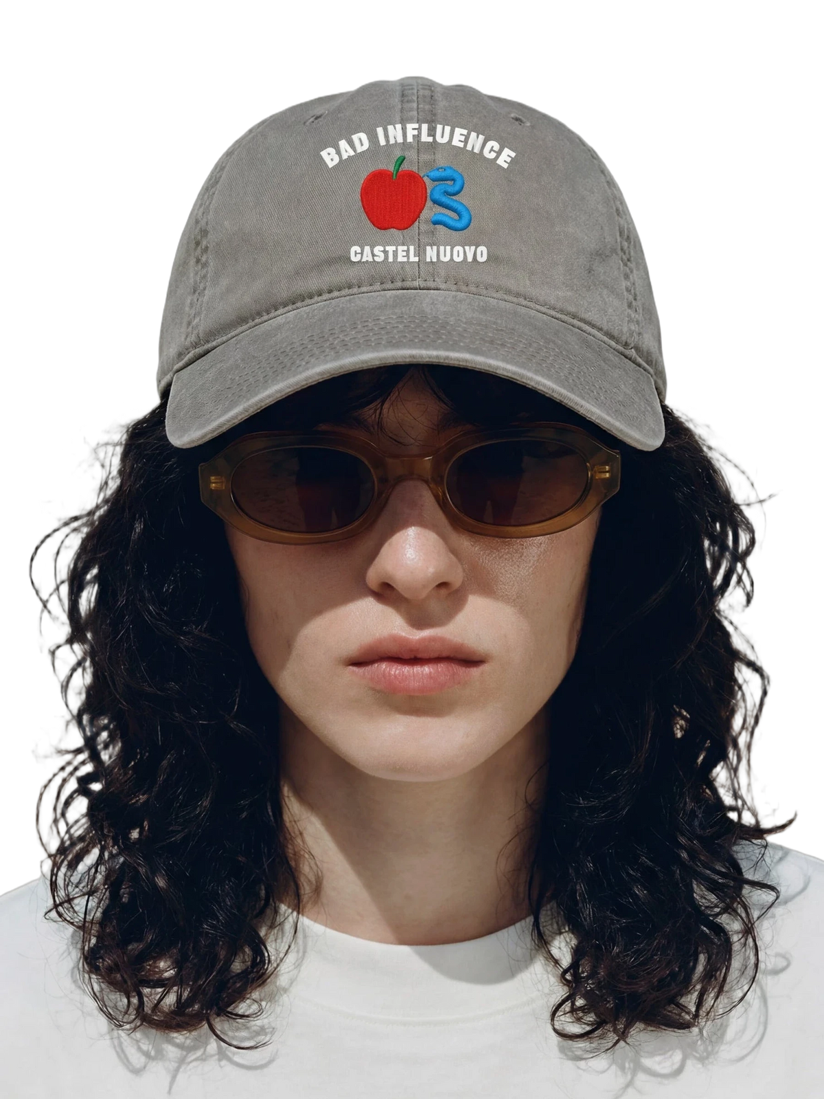 Bad Influence Cap in faded grey, embroidery detail