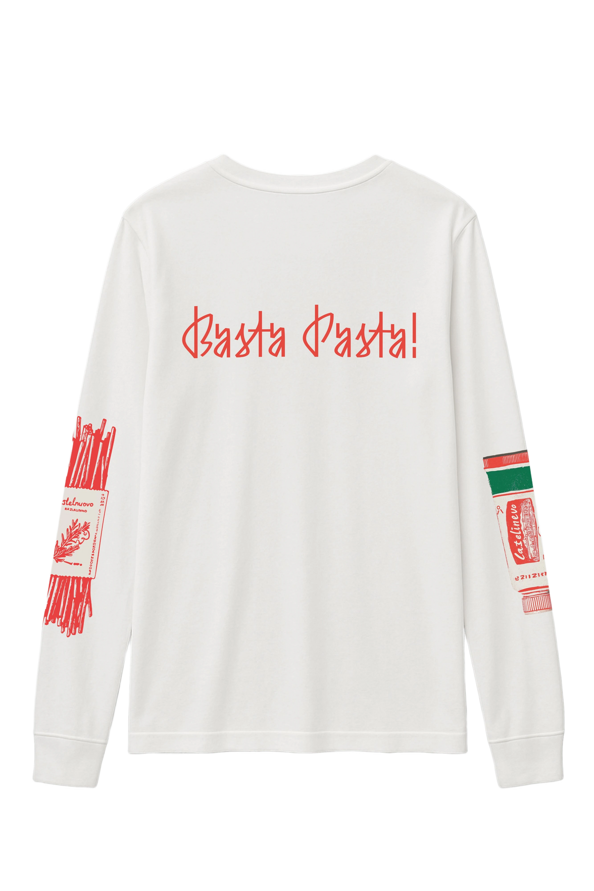 Basta Pasta Longsleeve in white, women's cut, flat lay