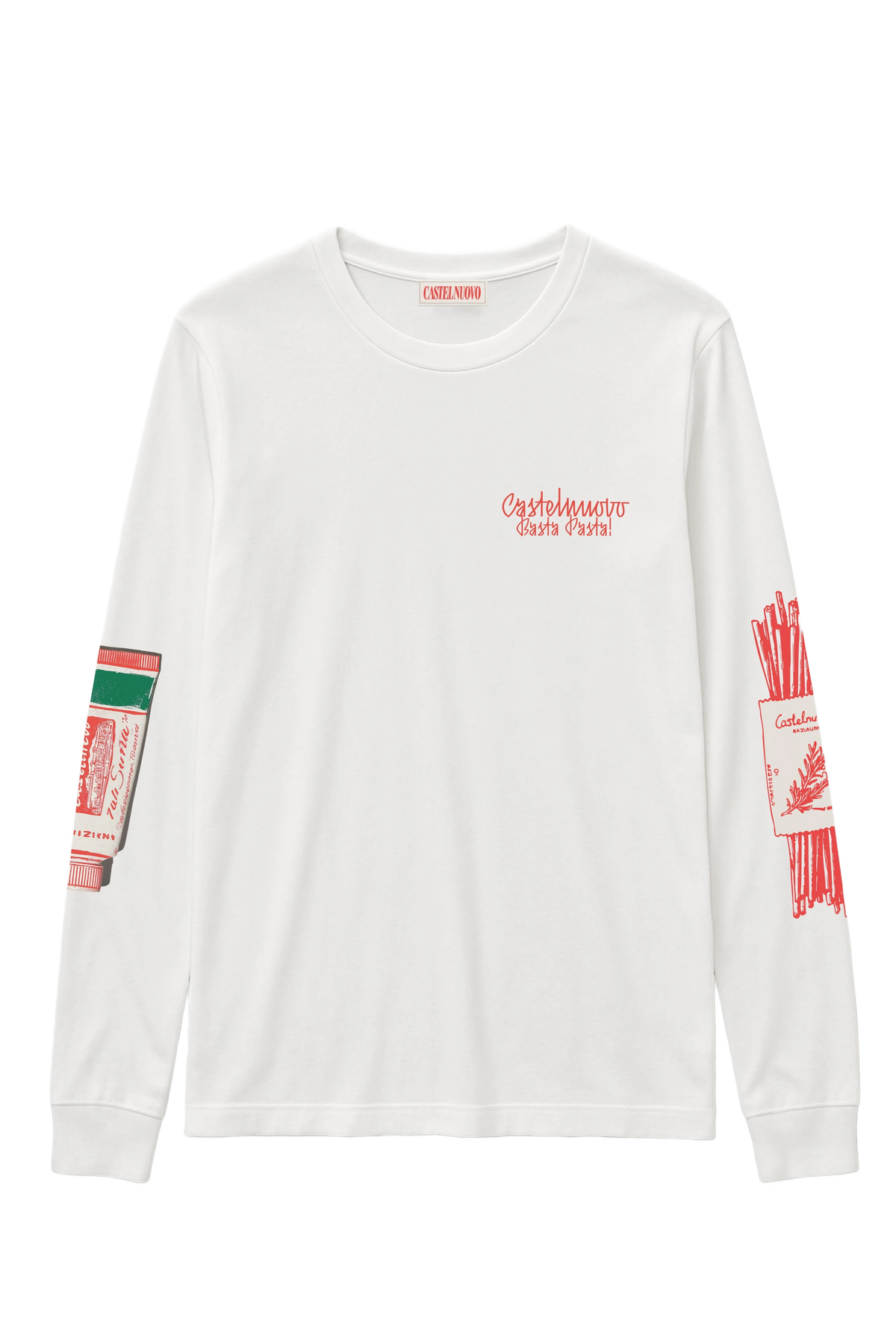 Basta Pasta Longsleeve in white, women's cut, flat lay