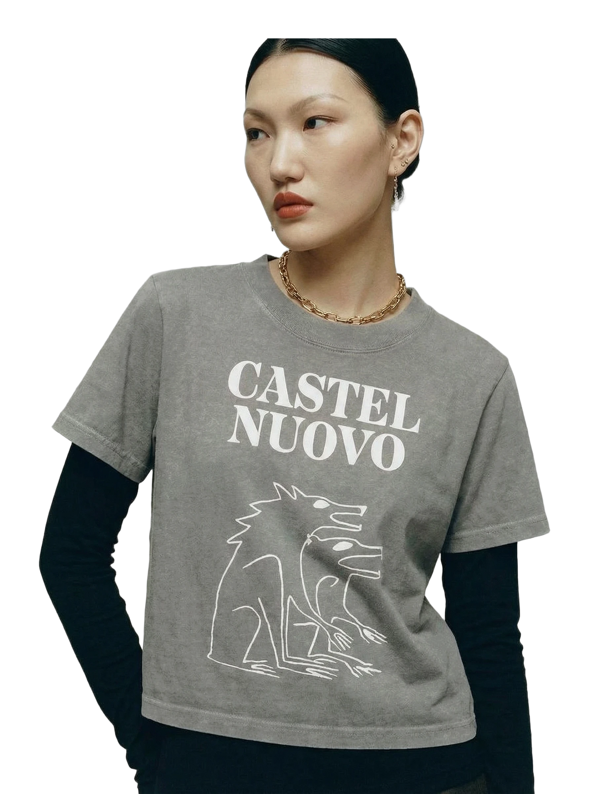 Bestia Crop Tee in grey stone, print detail