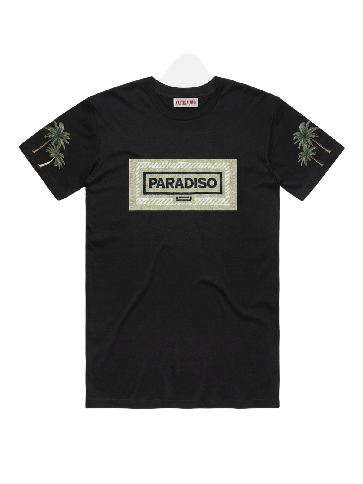 Campi Elysii Black Tee, men's cut, flat lay