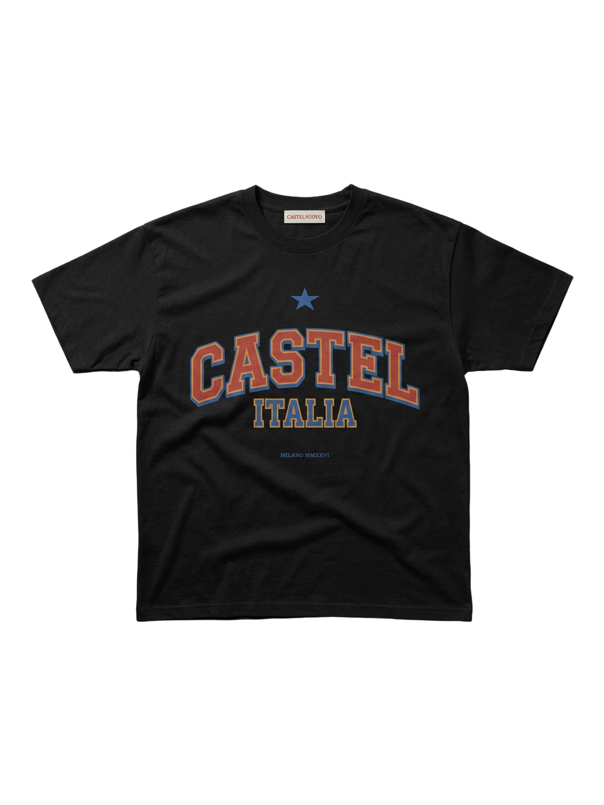 Castel Italia Tee in black, men's cut, flat lay