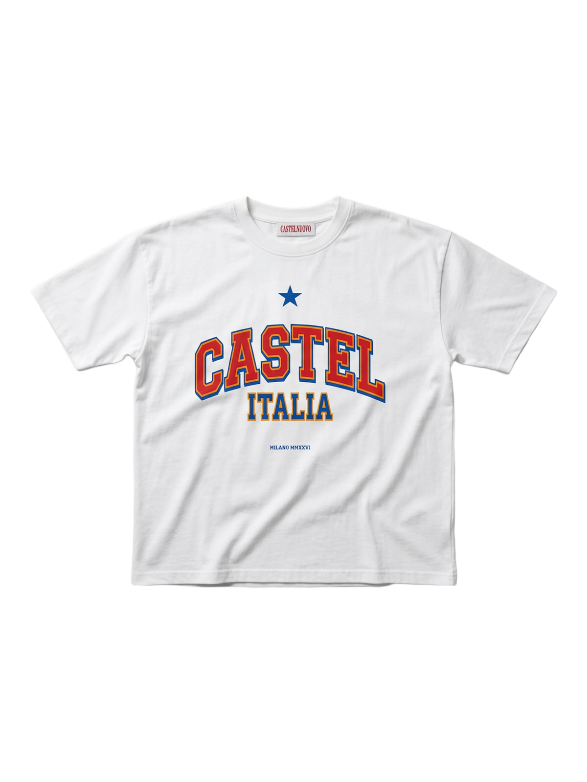 Castel Italia Tee in white, men's cut, flat lay