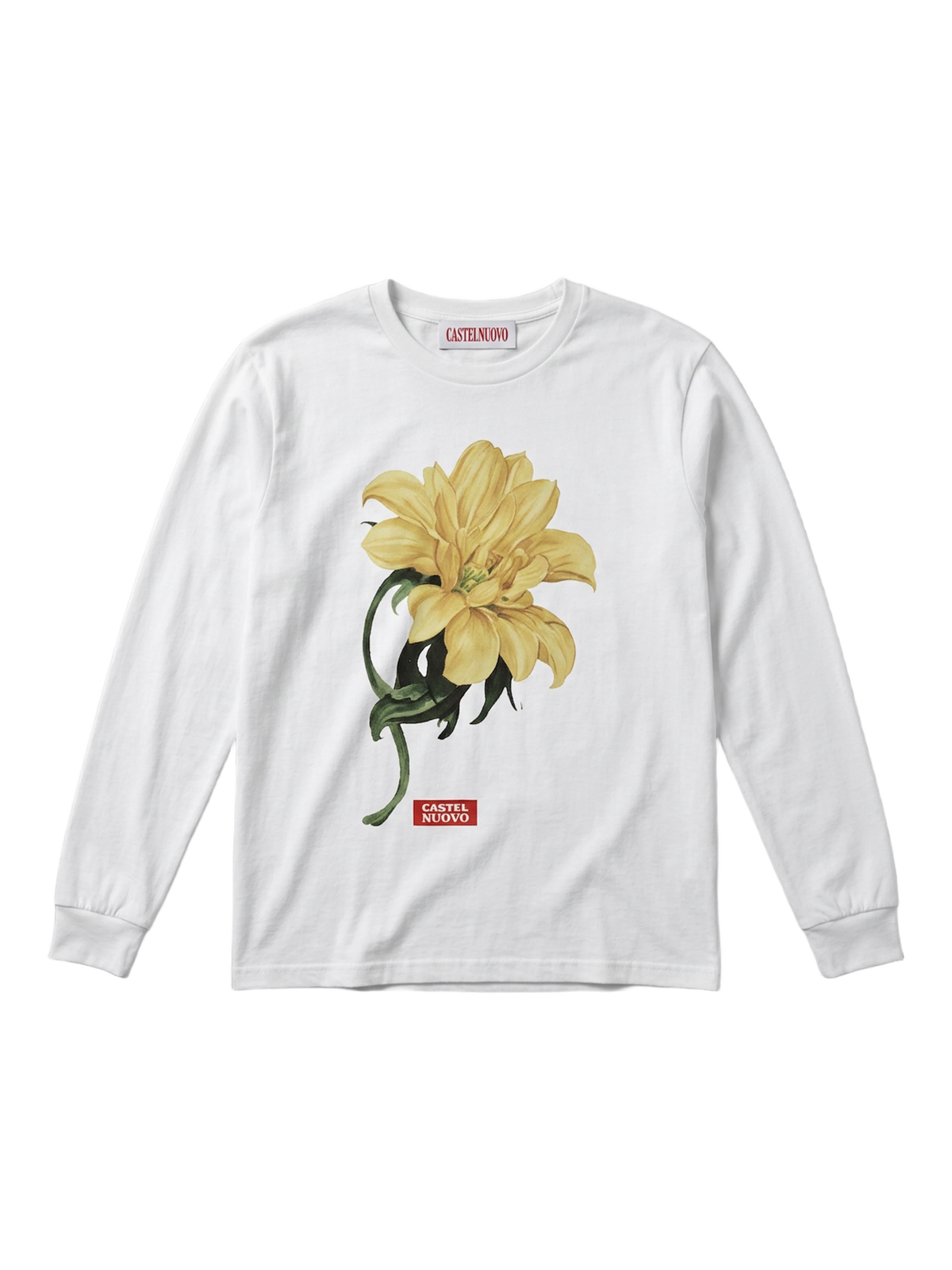 Dahlia X Pinnata Long Sleeve in white, men's cut, flat lay