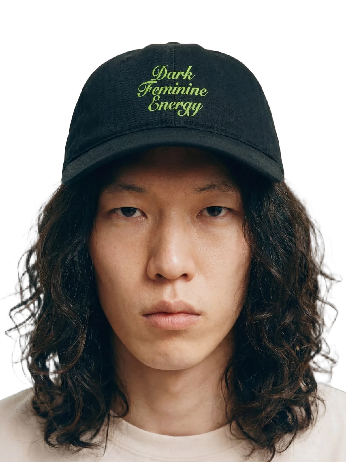 Dark Feminine Character Cap in black, embroidery detail