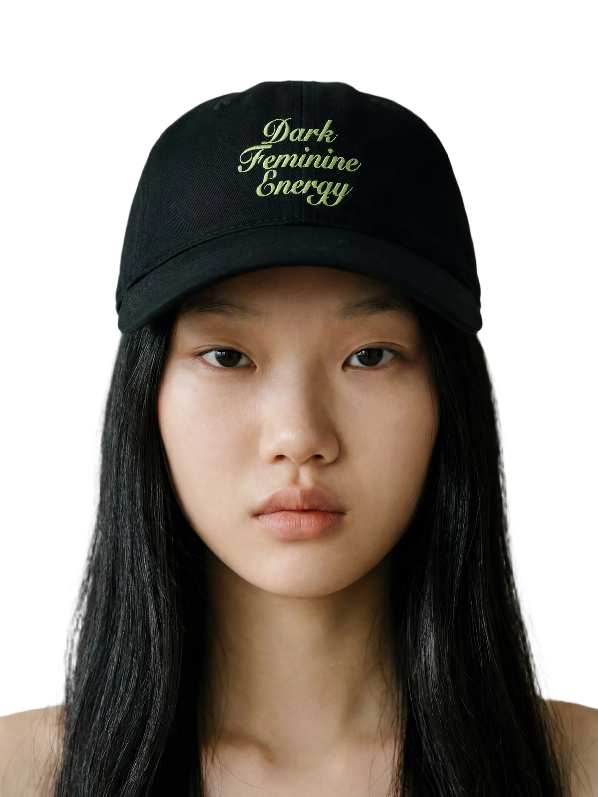 Dark Feminine Character Cap in black, embroidery detail