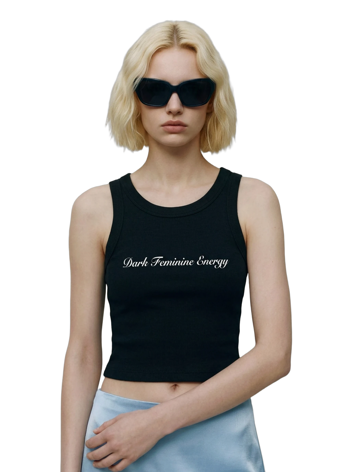 Dark Feminine Energy Tank in black, women's cut