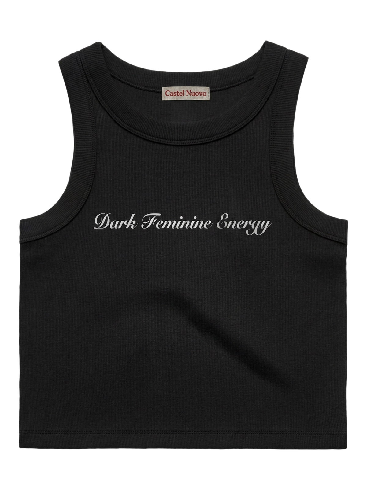 Dark Feminine Energy Tank in black, women's cut, flat lay