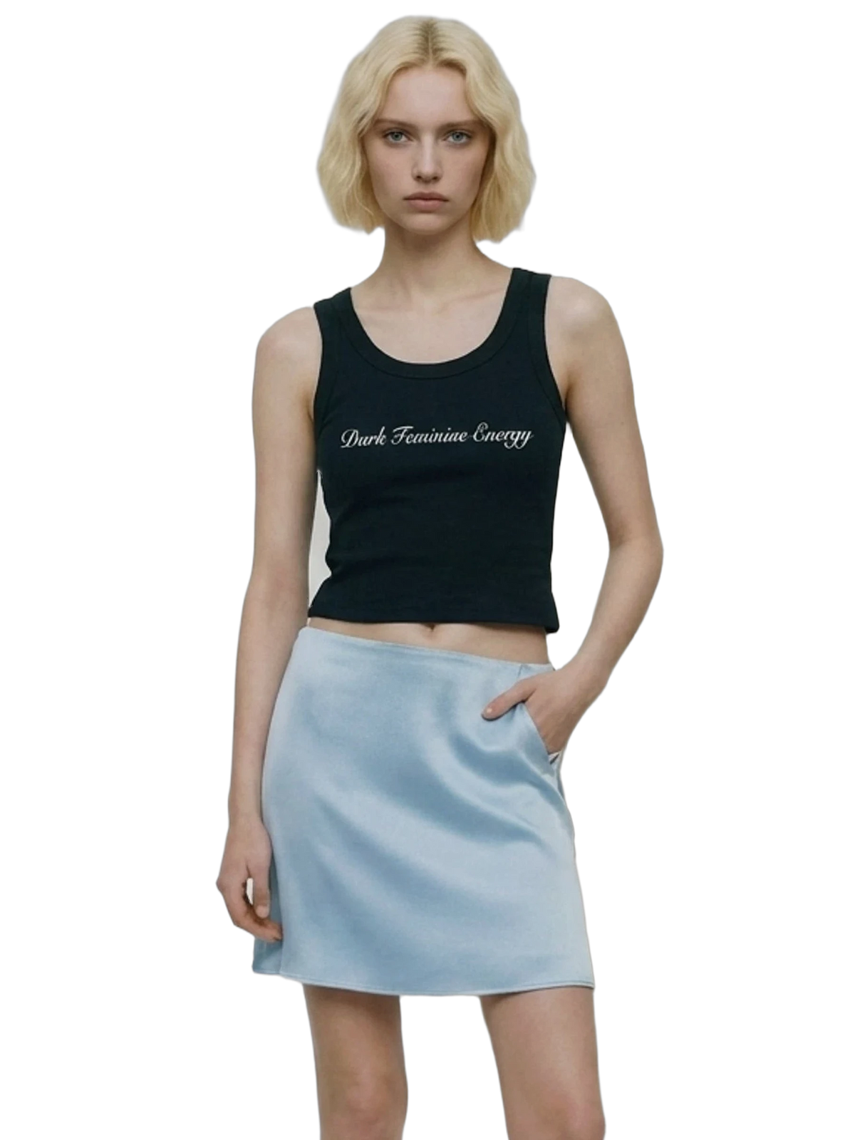 Dark Feminine Energy Tank in black, women's cut
