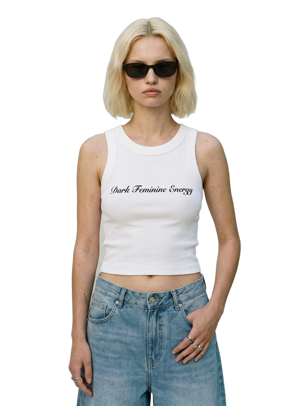 Dark Feminine Energy Tank in white, women's cut