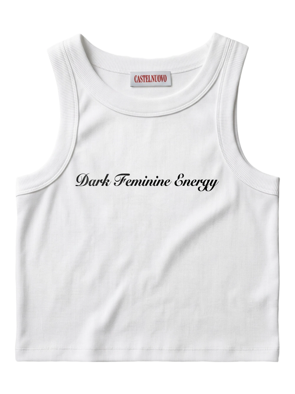 Dark Feminine Energy Tank in white, women's cut, flat lay