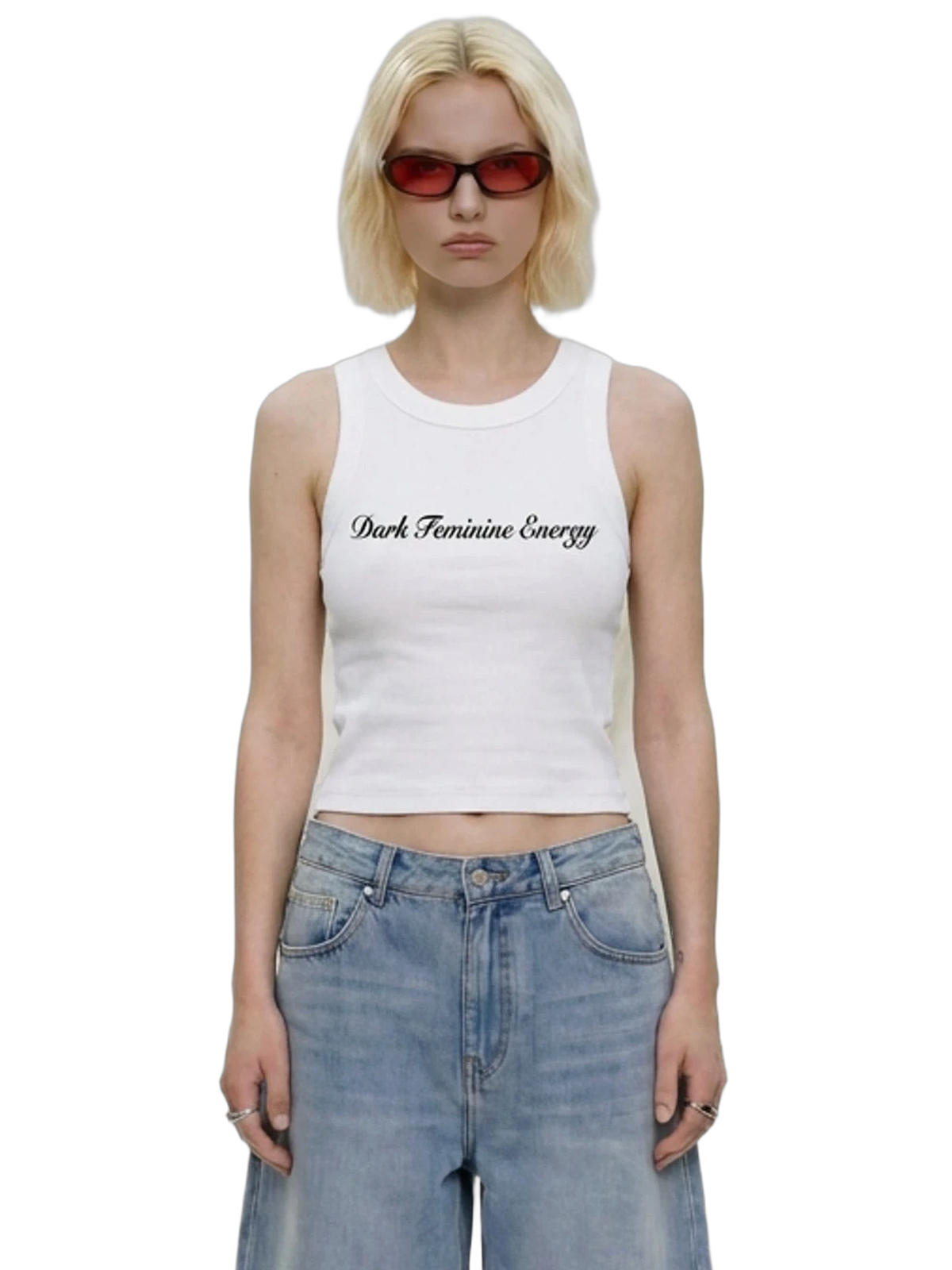 Dark Feminine Energy Tank in white, women's cut