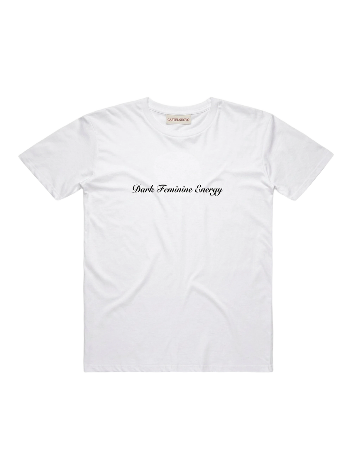 Dark Feminine Energy Tee in white, women's cut, flat lay