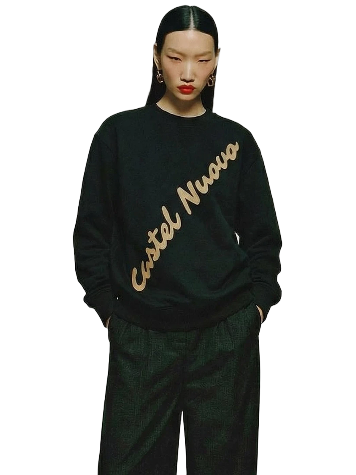 Diagonal Script Crewneck in black, women's cut