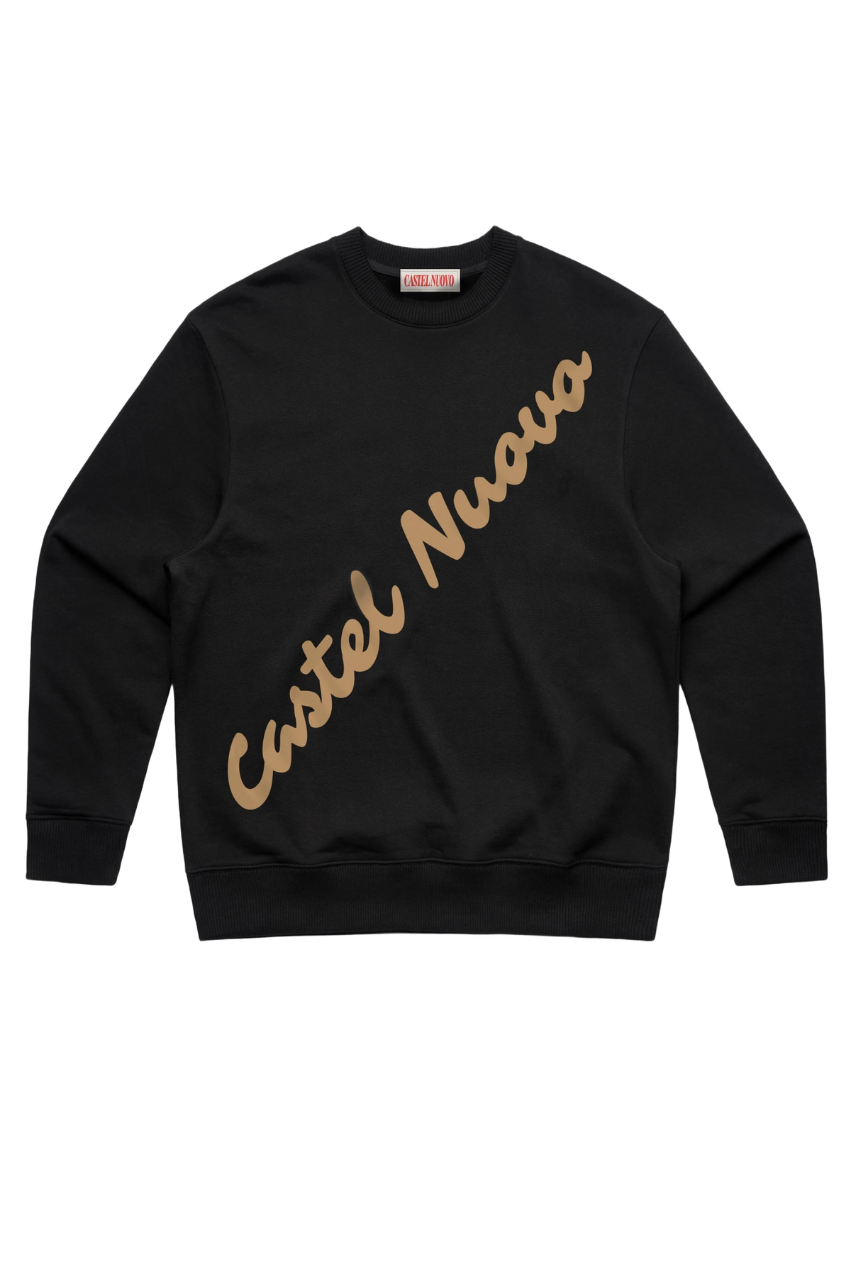 Diagonal Script Crewneck in black, men's cut, flat lay