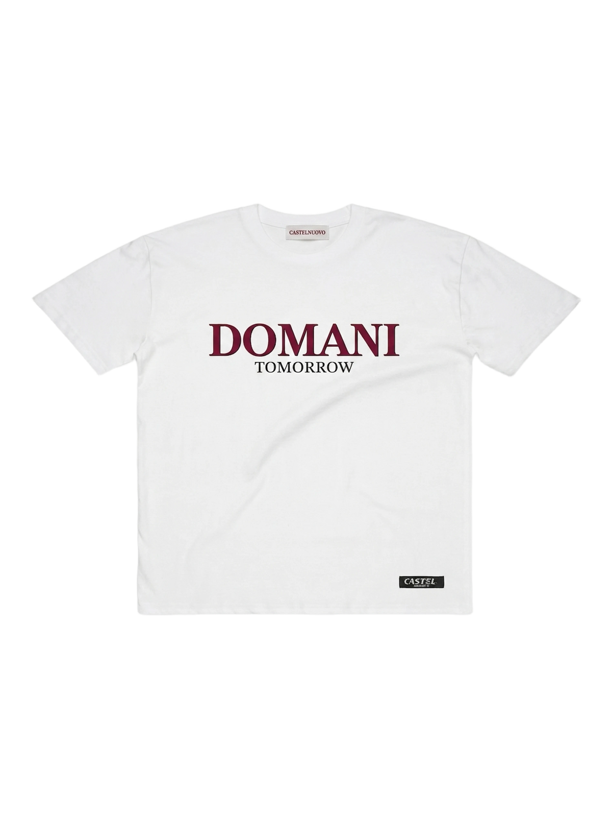 Domani Tee in white, men's cut, flat lay