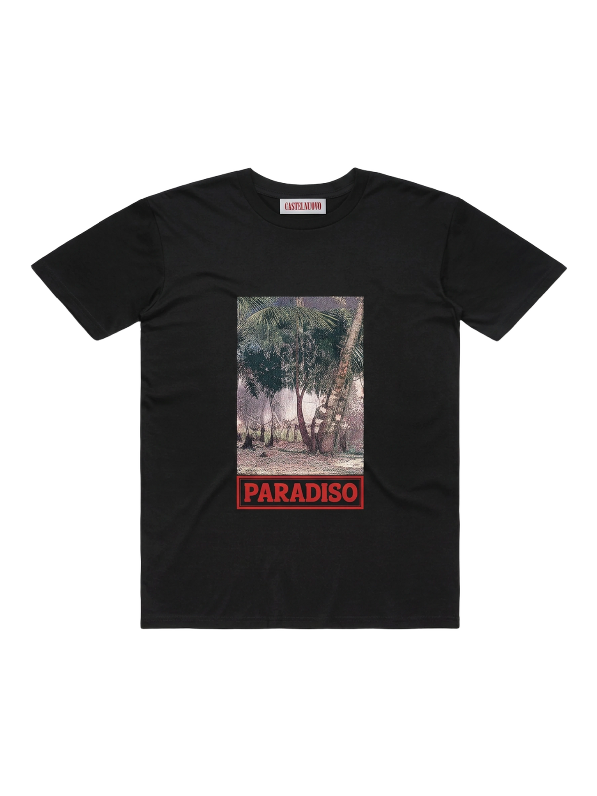 Elsewhere Tee in black, women's cut, flat lay