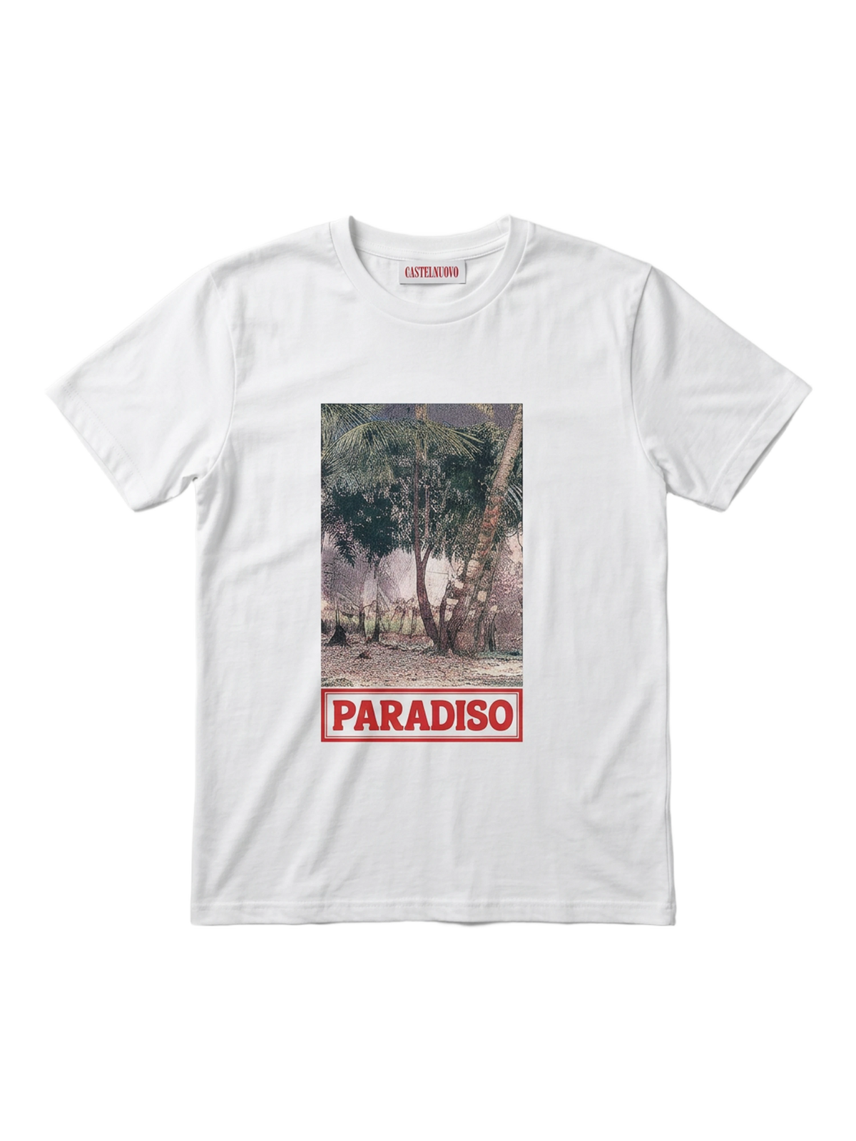 Elsewhere Tee in white, men's cut, flat lay