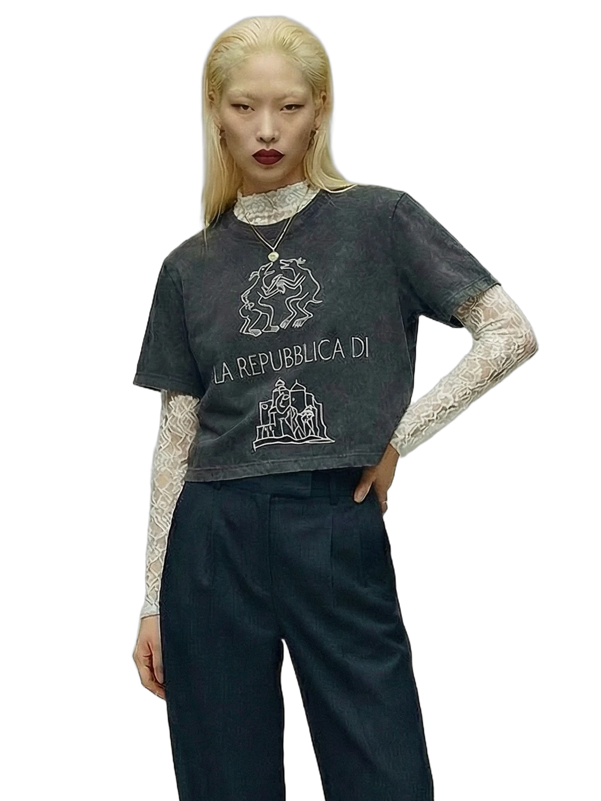 Emblem Crop Tee in black stone, print detail