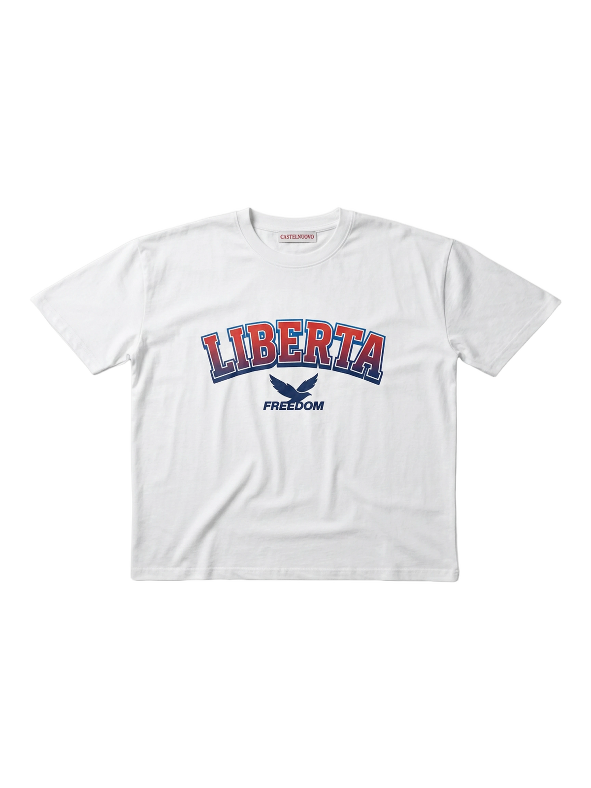 Liberta White Tee, men's cut, flat lay