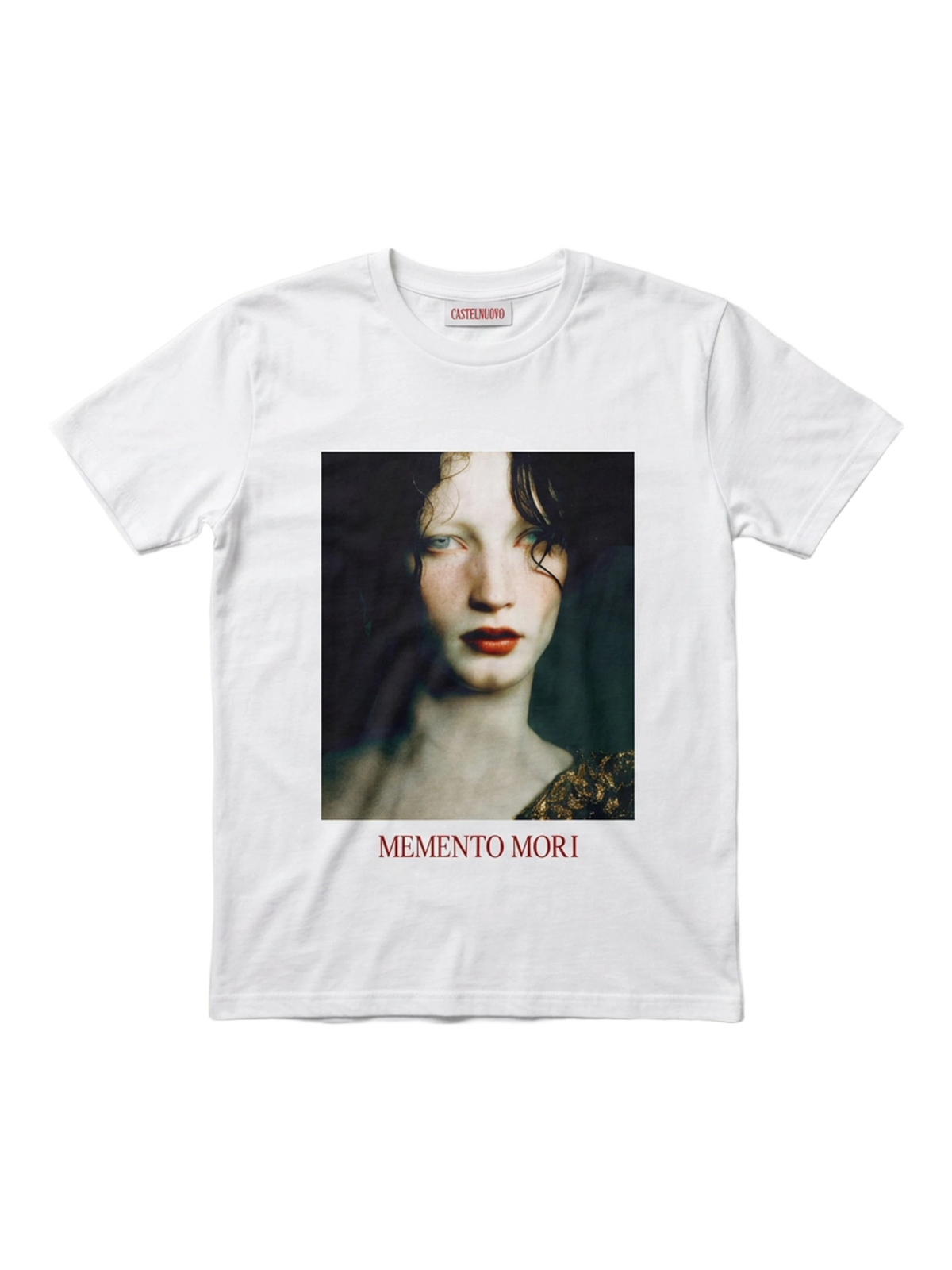 Memento Mori Tee in white, women's cut, flat lay