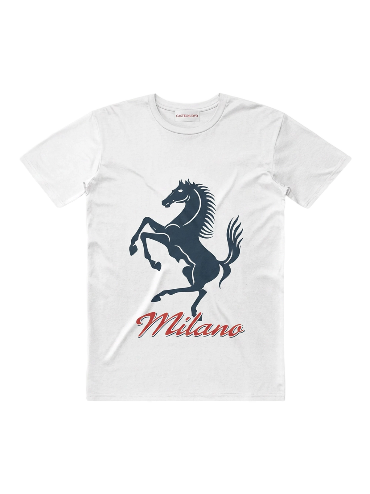 Milano Horse Tee in white, women's cut, flat lay