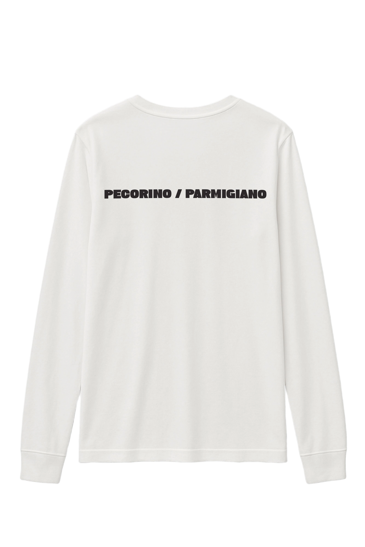 Pecorino Parmigiano Longsleeve in white, women's cut, flat lay