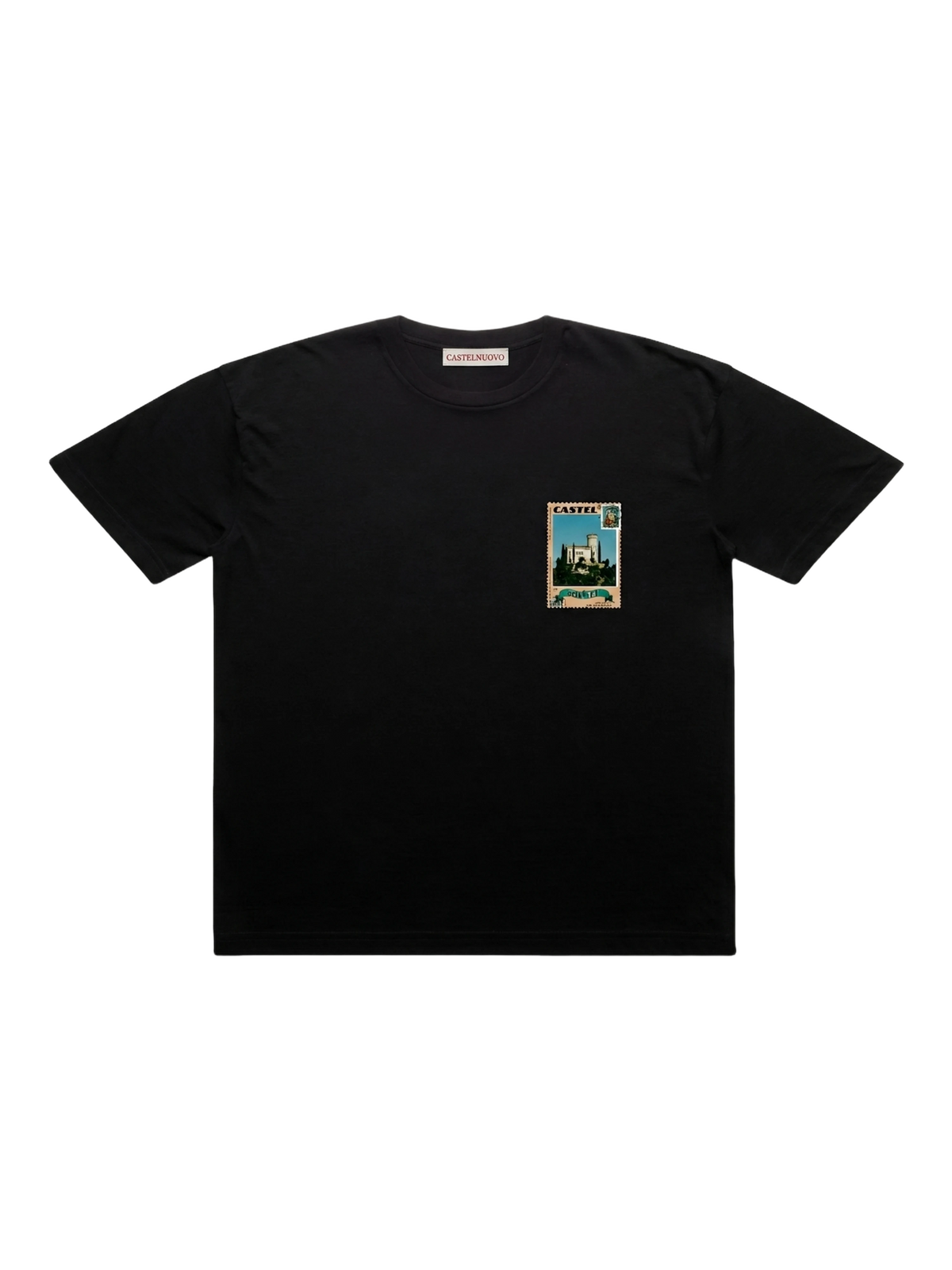 Posta Italiana Tee in black, men's cut, flat lay