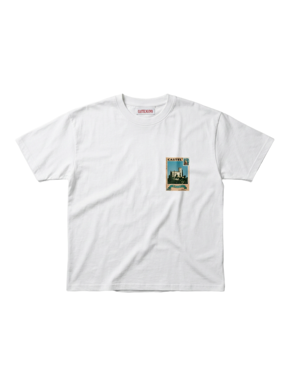 Posta Italiana Tee in white, women's cut, flat lay