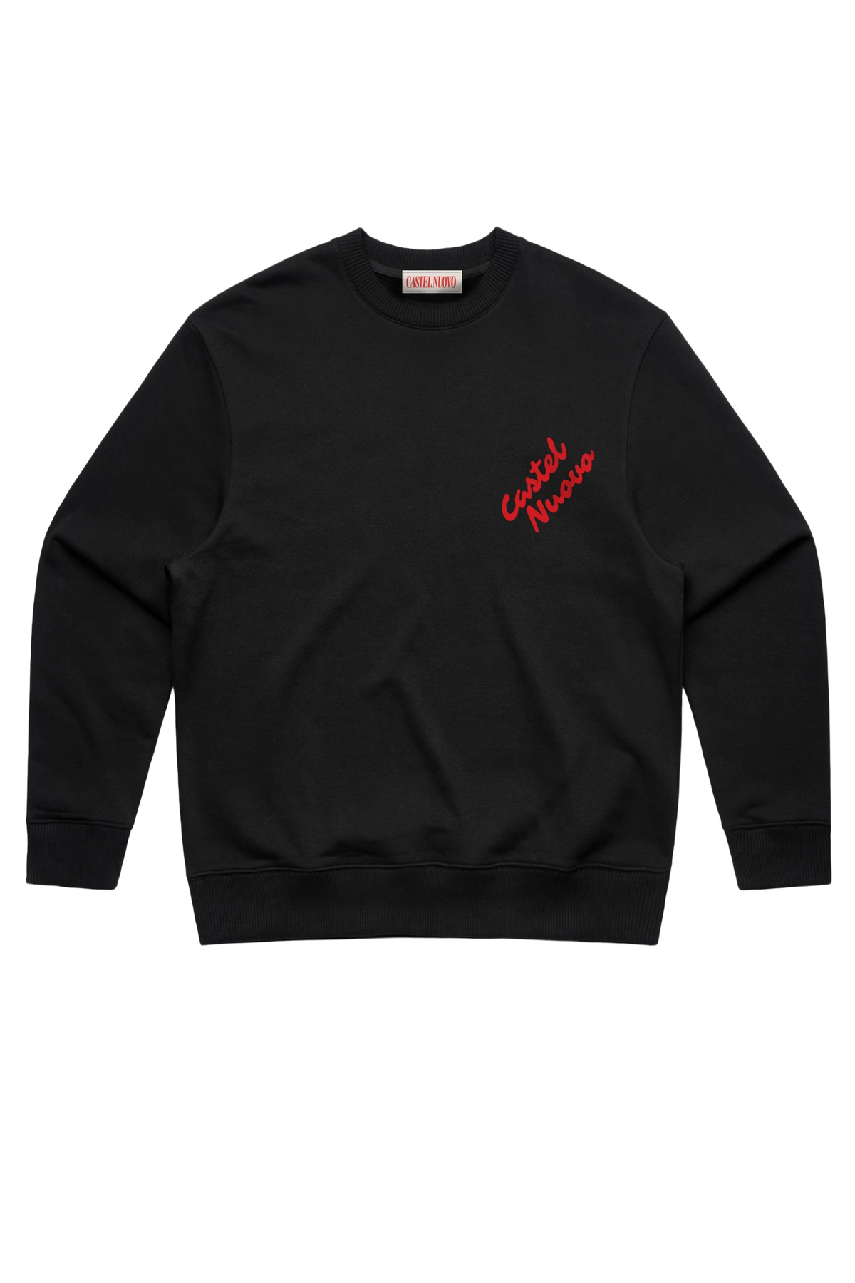 Scarlet Script Crewneck in black, men's cut, flat lay