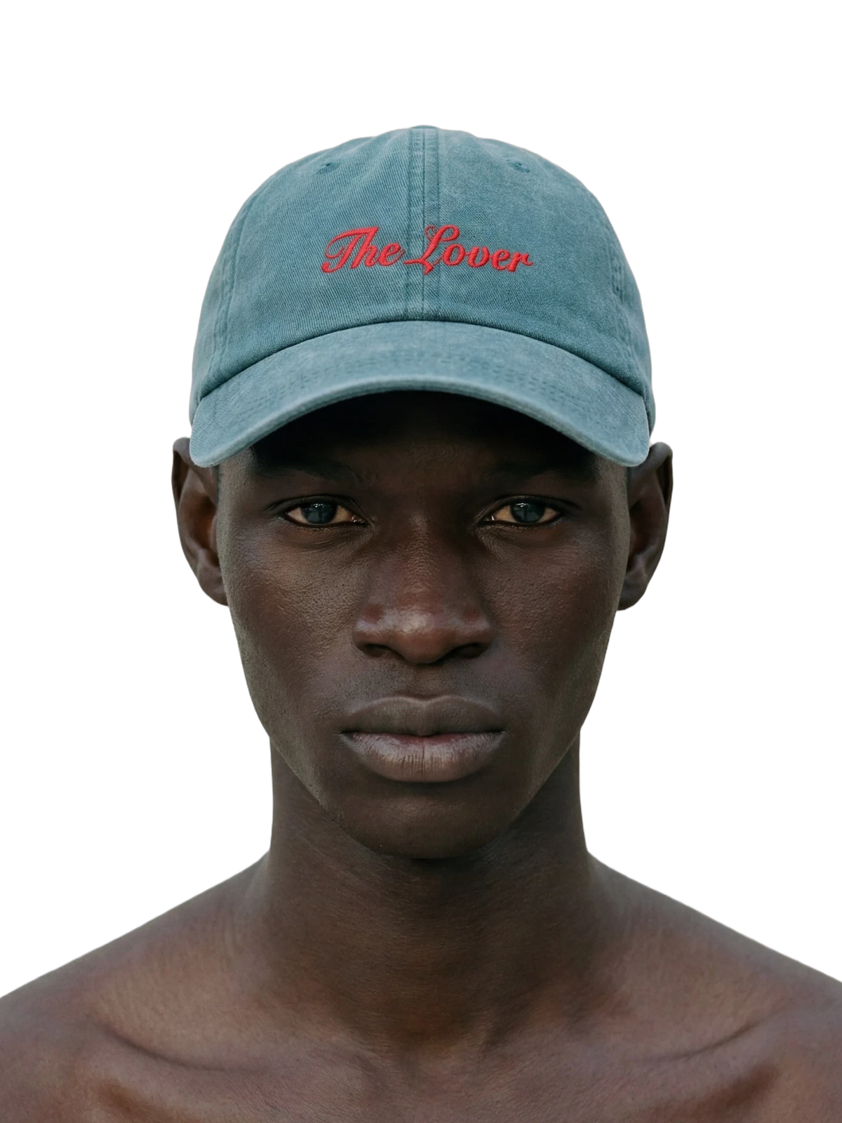 The Lover Cap in teal, embroidery detail