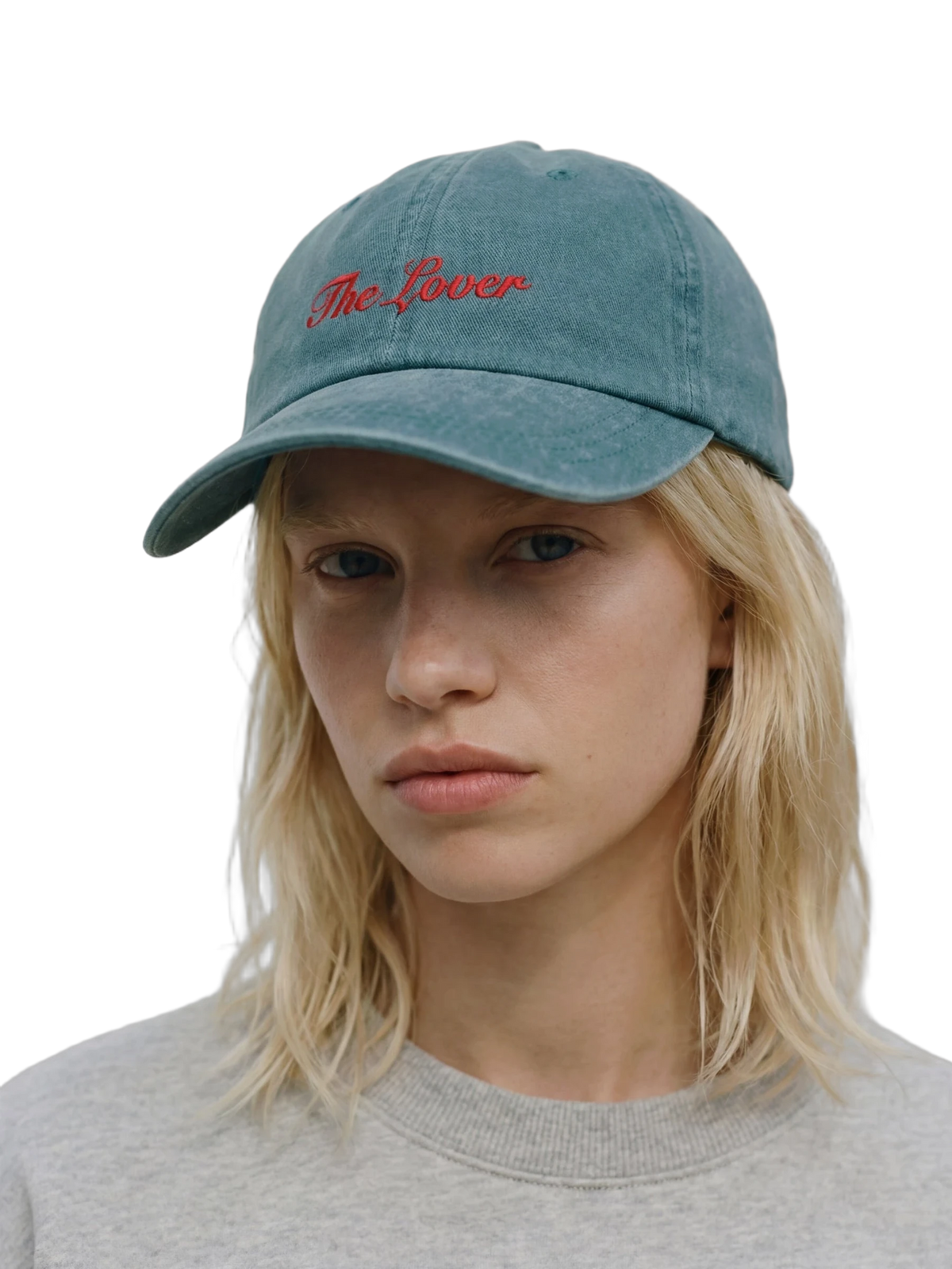 The Lover Cap in teal, embroidery detail