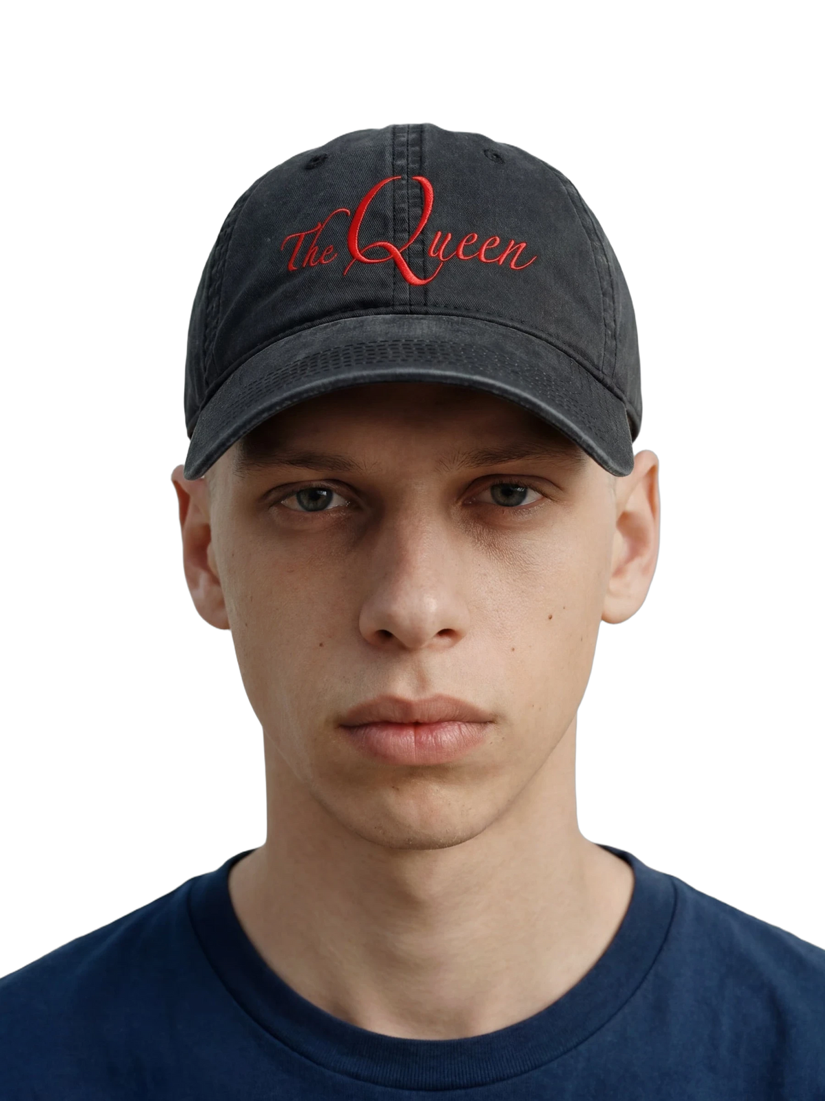 The Queen Cap in faded black, embroidery detail