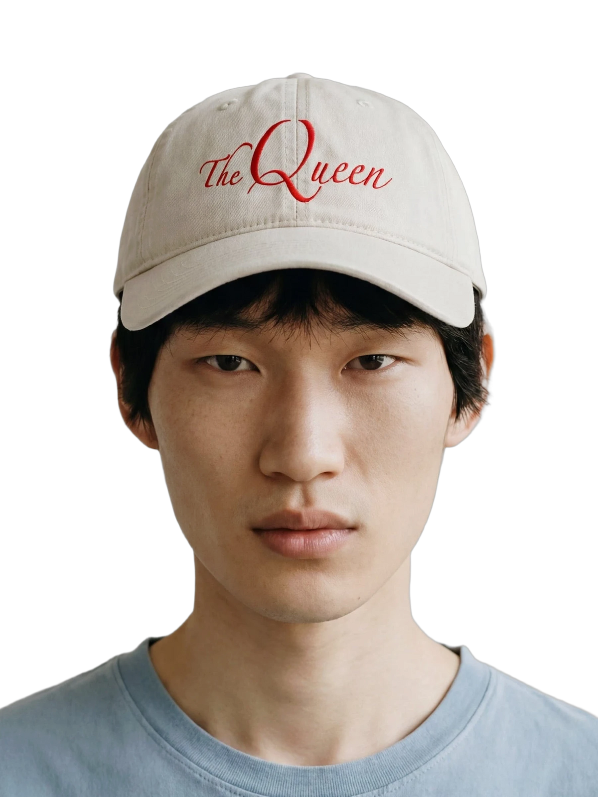 The Queen Cap in faded bone, embroidery detail