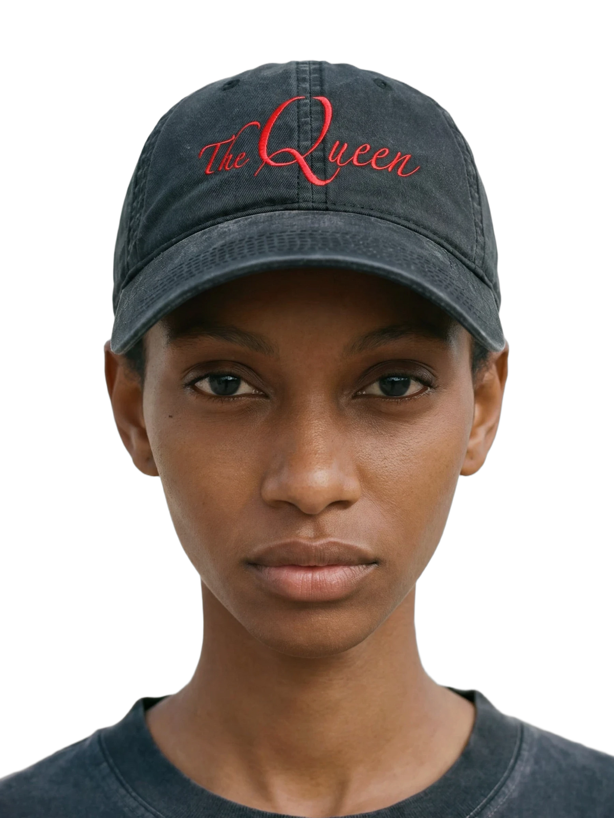 The Queen Cap in faded black, embroidery detail