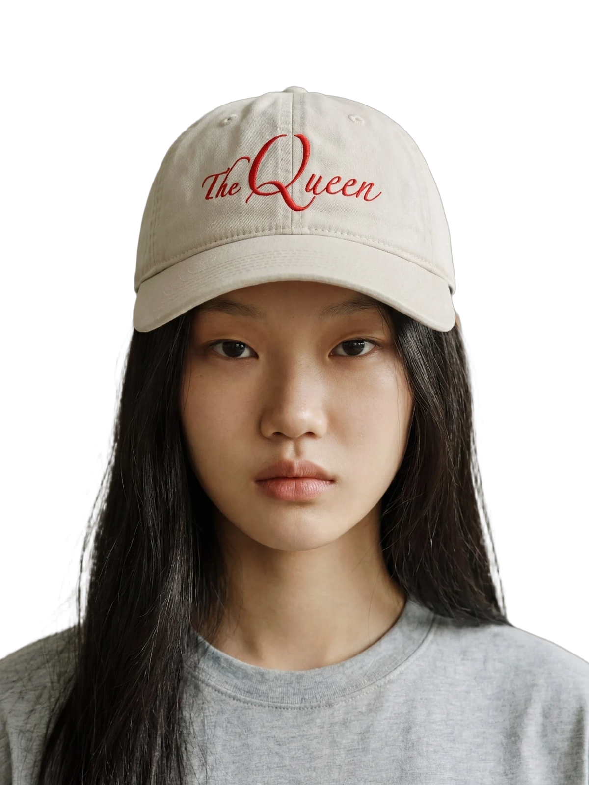 The Queen Cap in faded bone, embroidery detail