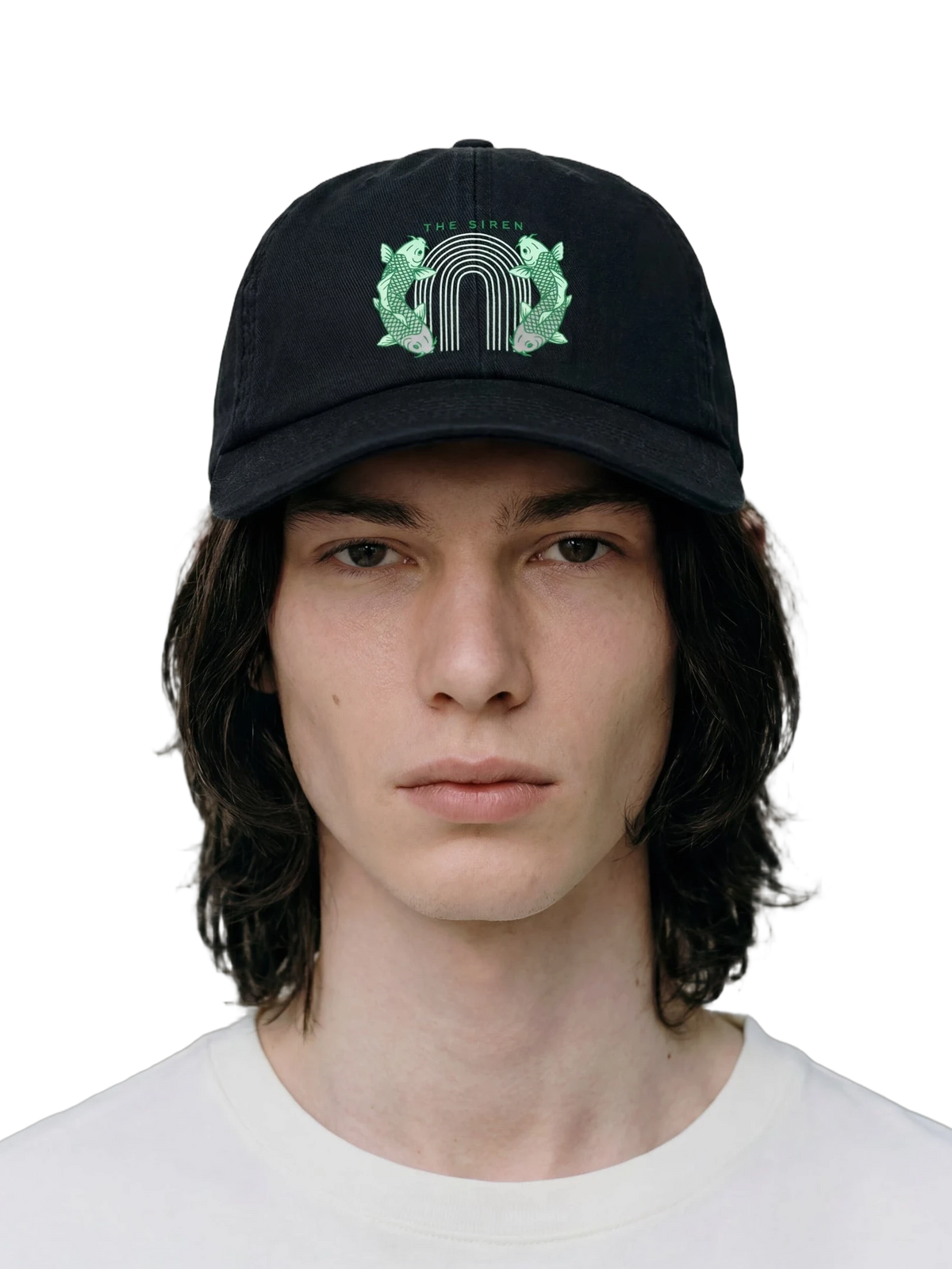 The Siren Cap in black, embroidery detail
