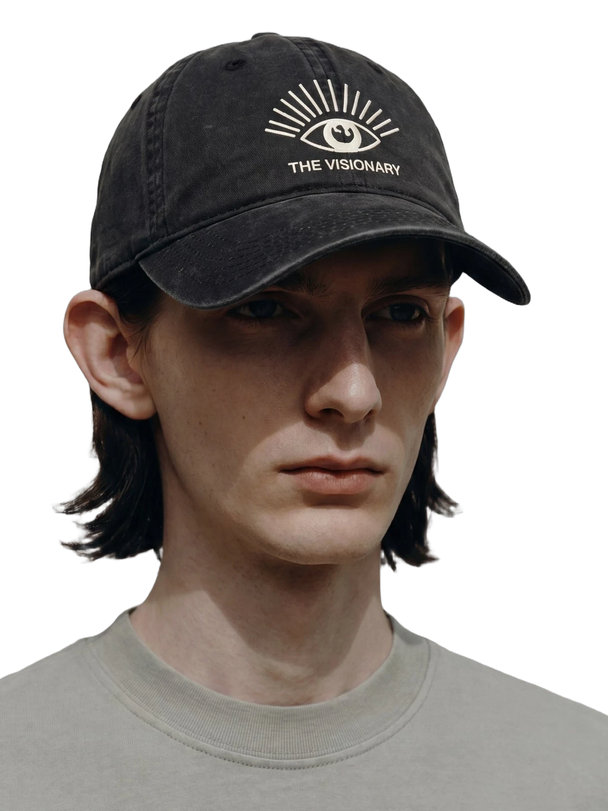 The Visionary Cap in faded black, print detail