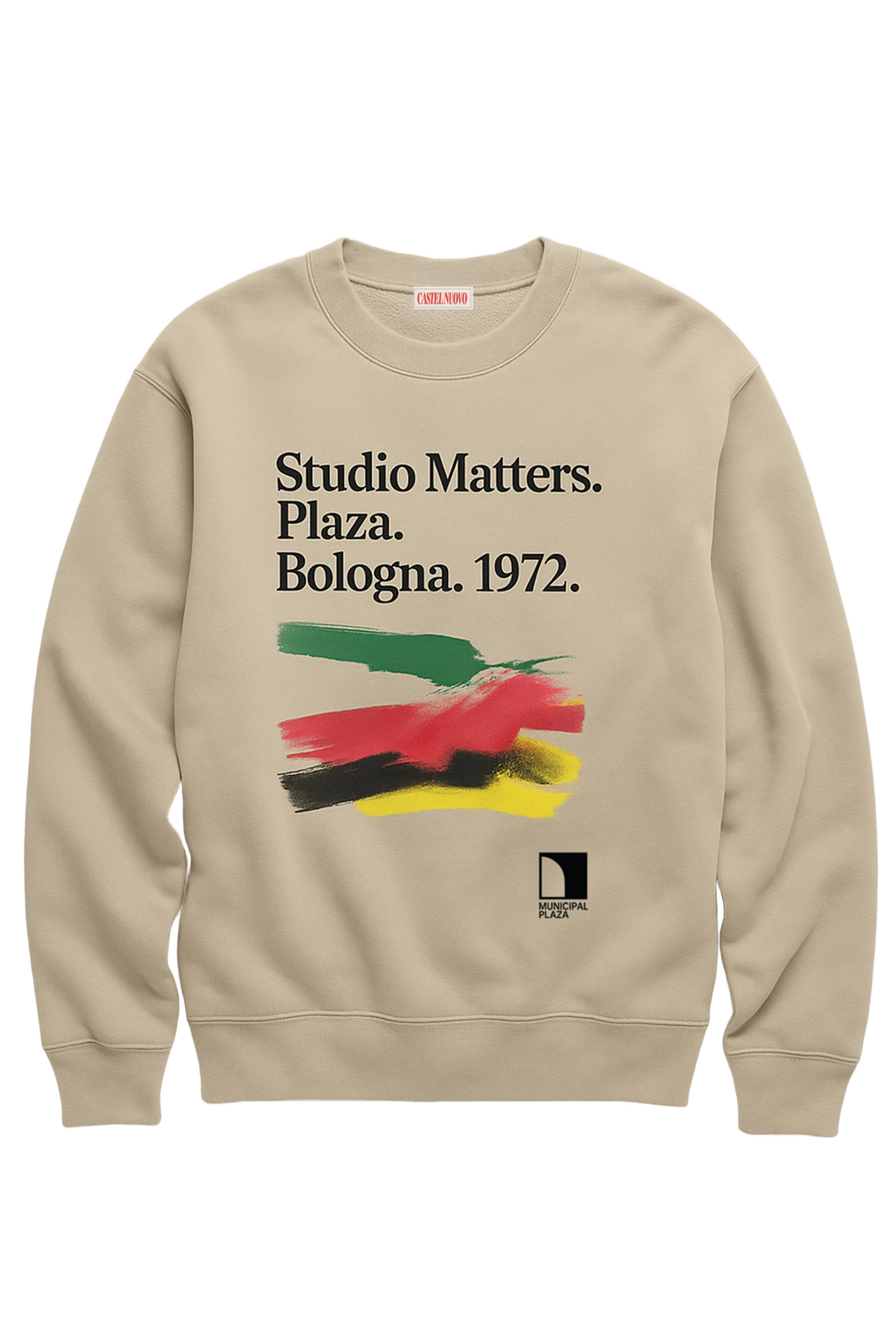 Bologna 1972 Crewneck in sand, men's cut, flat lay
